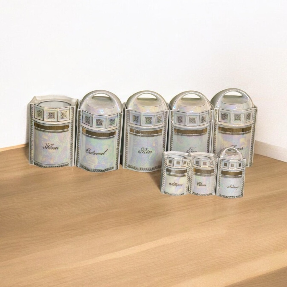 White Block German Lustreware Canister Set Pearl Lustre Vintage 6”